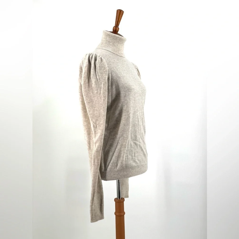 Aqua Cream Oatmeal Cashmere Puff Sleeve Turtleneck Sweater Size L - Picture 2 of 10